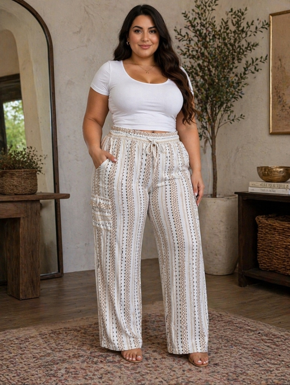 NWT Robert Louis Boho Geometric Wide Leg Cargo Pants 3X Plus Striped Palazzo 🛍️